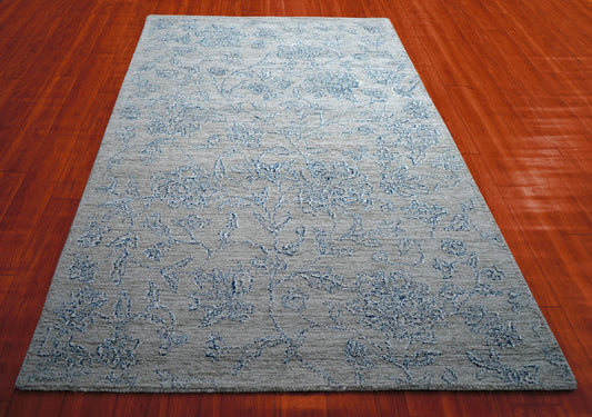 Grey Beige Vintage Distressed Floral Hand Tufted Wool Area Rug - Cut Pile Shabby Chic Custom Sizes