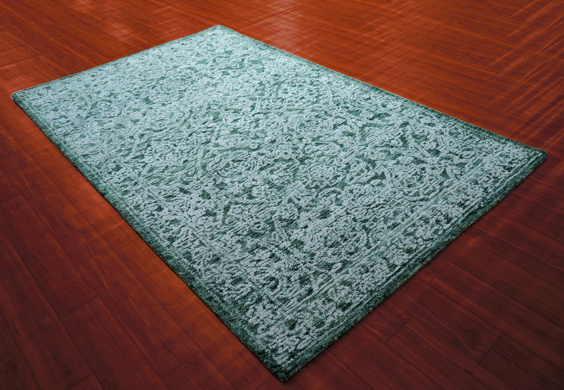 Teal Green Vintage Distressed Hand Tufted Wool Area Rug - Cut Pile Shabby Chic Custom Sizes