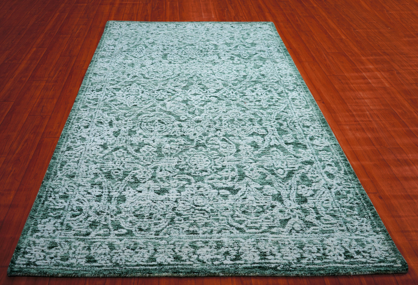 Teal Green Vintage Distressed Hand Tufted Wool Area Rug - Cut Pile Shabby Chic Custom Sizes
