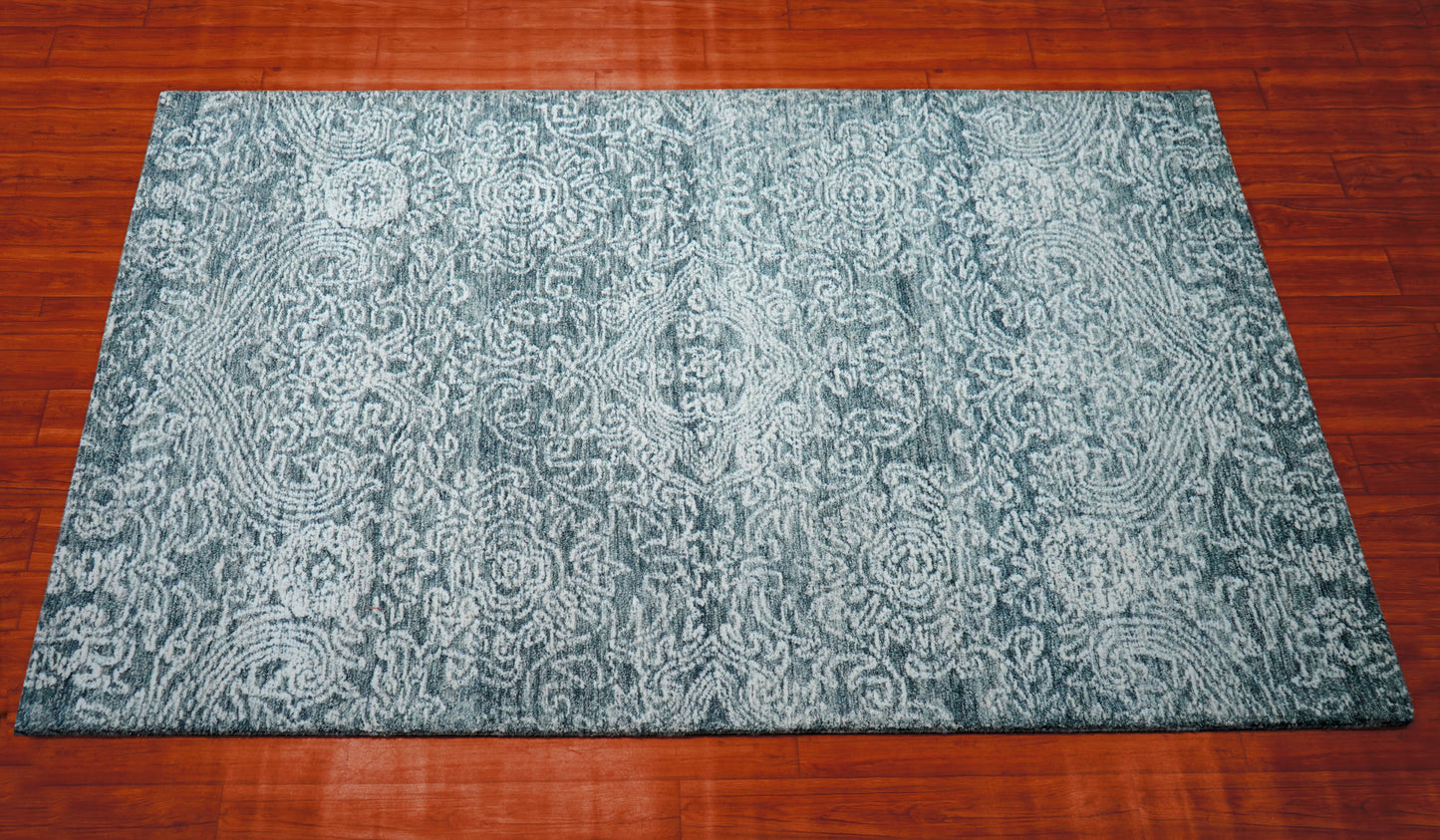 Teal Green Vintage Distressed Medallion Hand Tufted Wool Area Rug - Cut Pile Traditional Custom Sizes