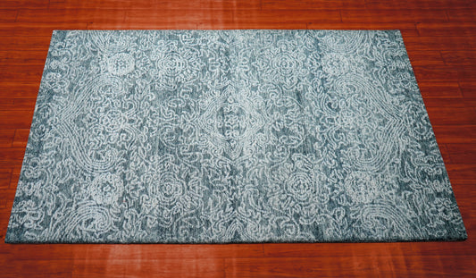 Teal Green Vintage Distressed Medallion Hand Tufted Wool Area Rug - Cut Pile Traditional Custom Sizes