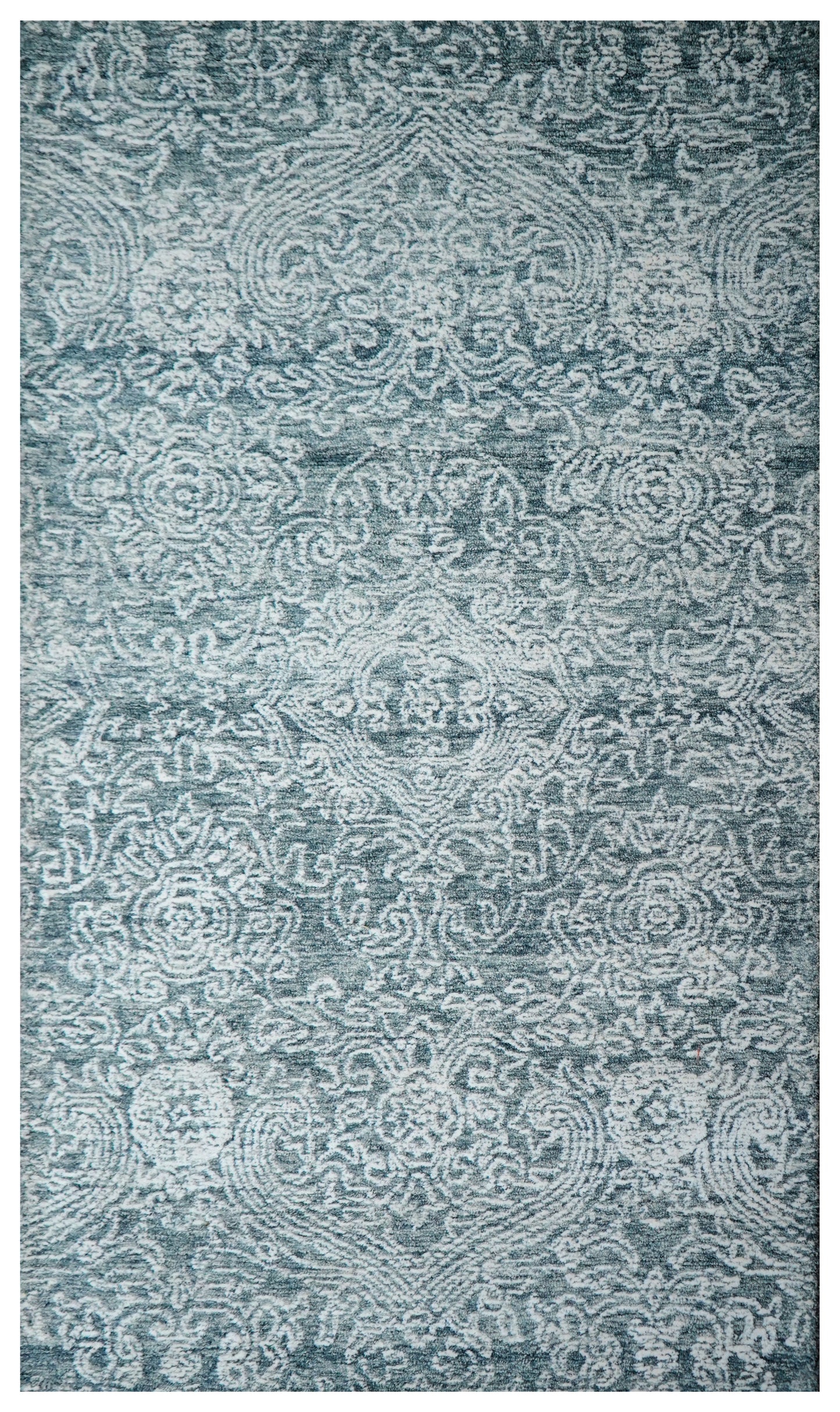 Teal Green Vintage Distressed Medallion Hand Tufted Wool Area Rug - Cut Pile Traditional Custom Sizes