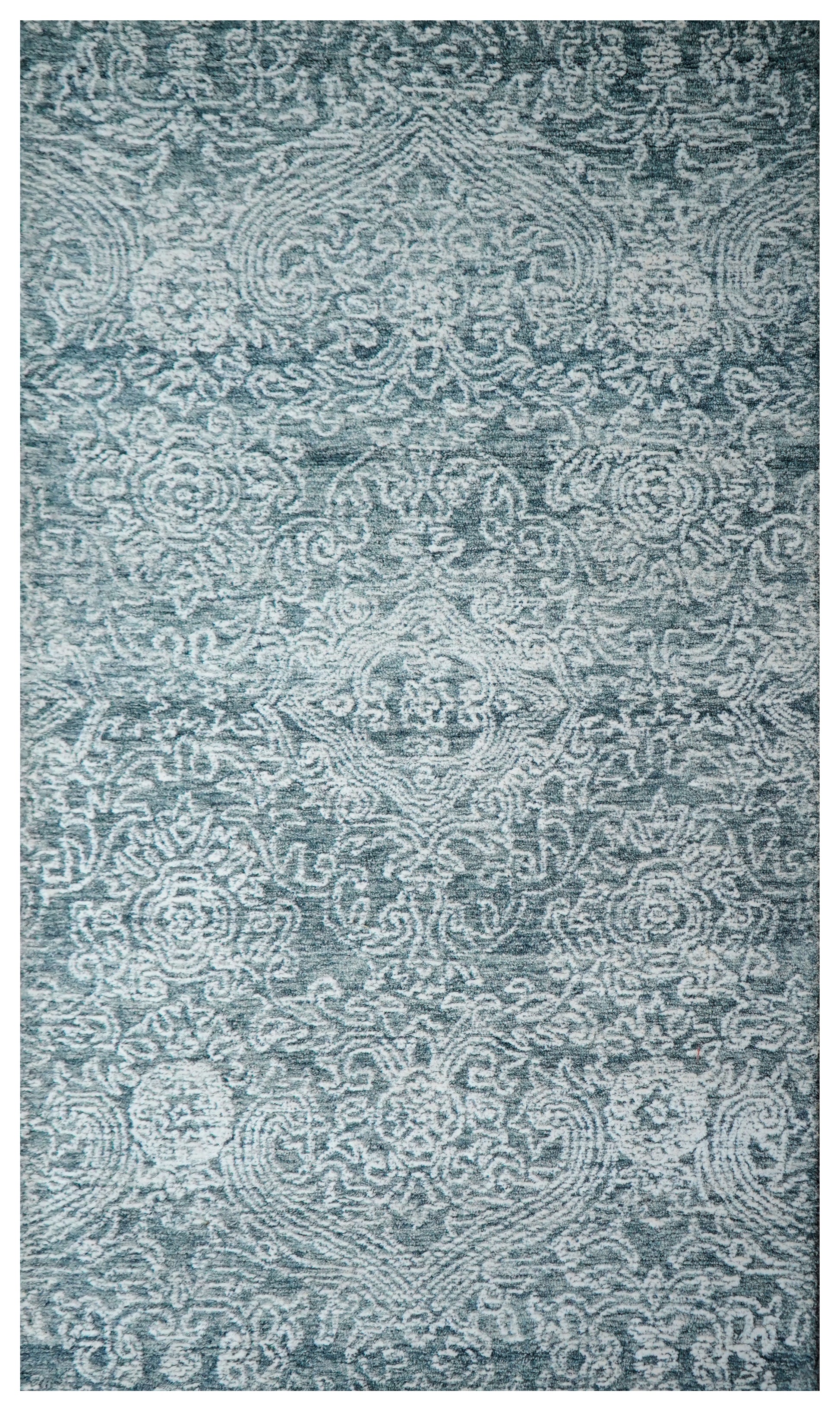 Teal Green Vintage Distressed Medallion Hand Tufted Wool Area Rug - Cut Pile Traditional Custom Sizes