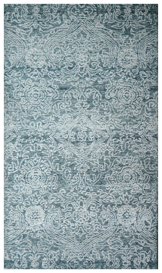 Teal Green Vintage Distressed Medallion Hand Tufted Wool Area Rug - Cut Pile Traditional Custom Sizes