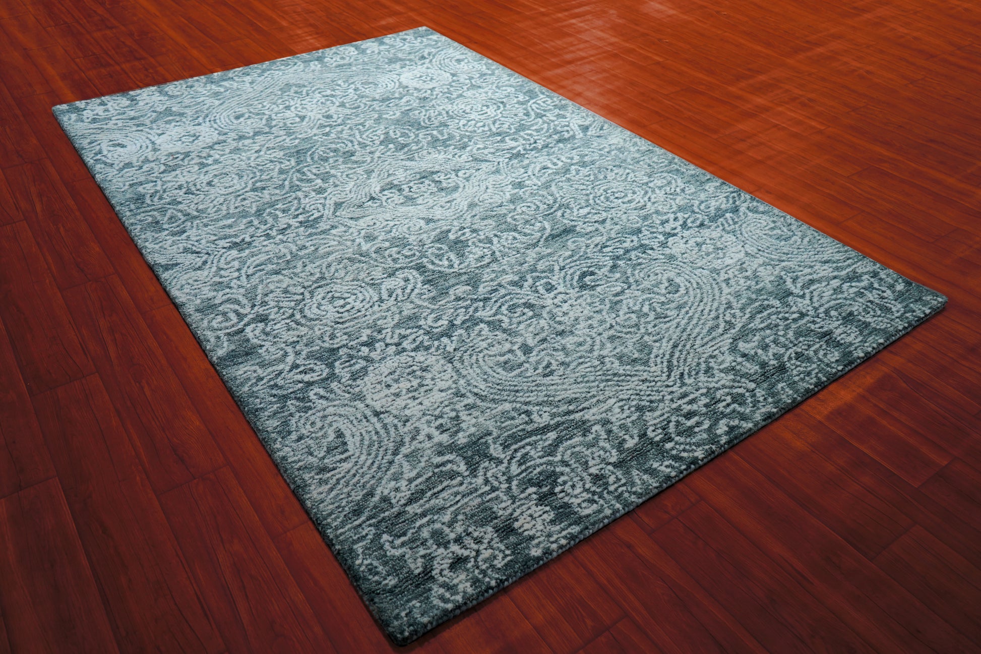 Teal Green Vintage Distressed Medallion Hand Tufted Wool Area Rug - Cut Pile Traditional Custom Sizes