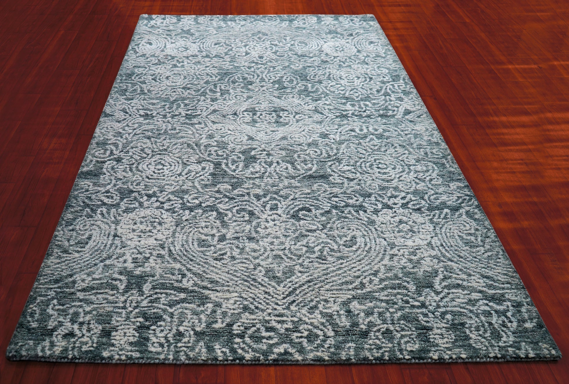 Teal Green Vintage Distressed Medallion Hand Tufted Wool Area Rug - Cut Pile Traditional Custom Sizes