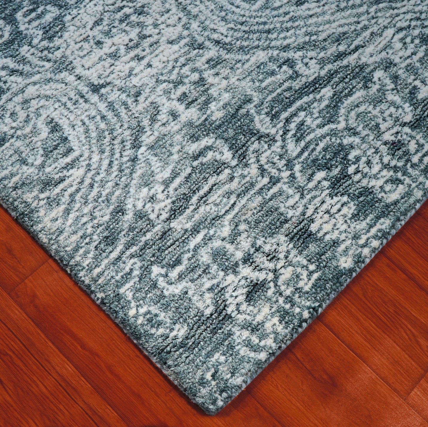 Teal Green Vintage Distressed Medallion Hand Tufted Wool Area Rug - Cut Pile Traditional Custom Sizes