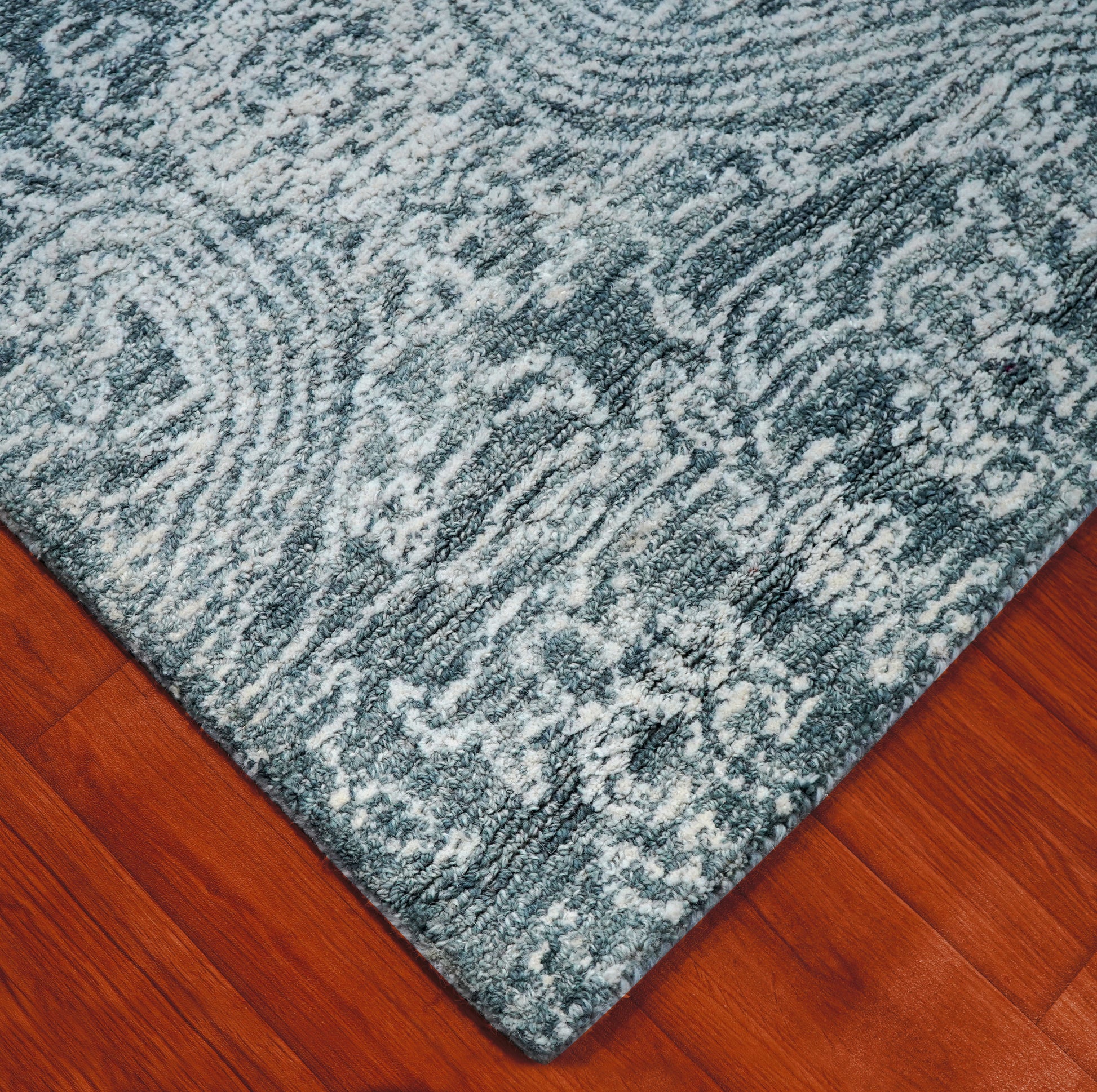 Teal Green Vintage Distressed Medallion Hand Tufted Wool Area Rug - Cut Pile Traditional Custom Sizes