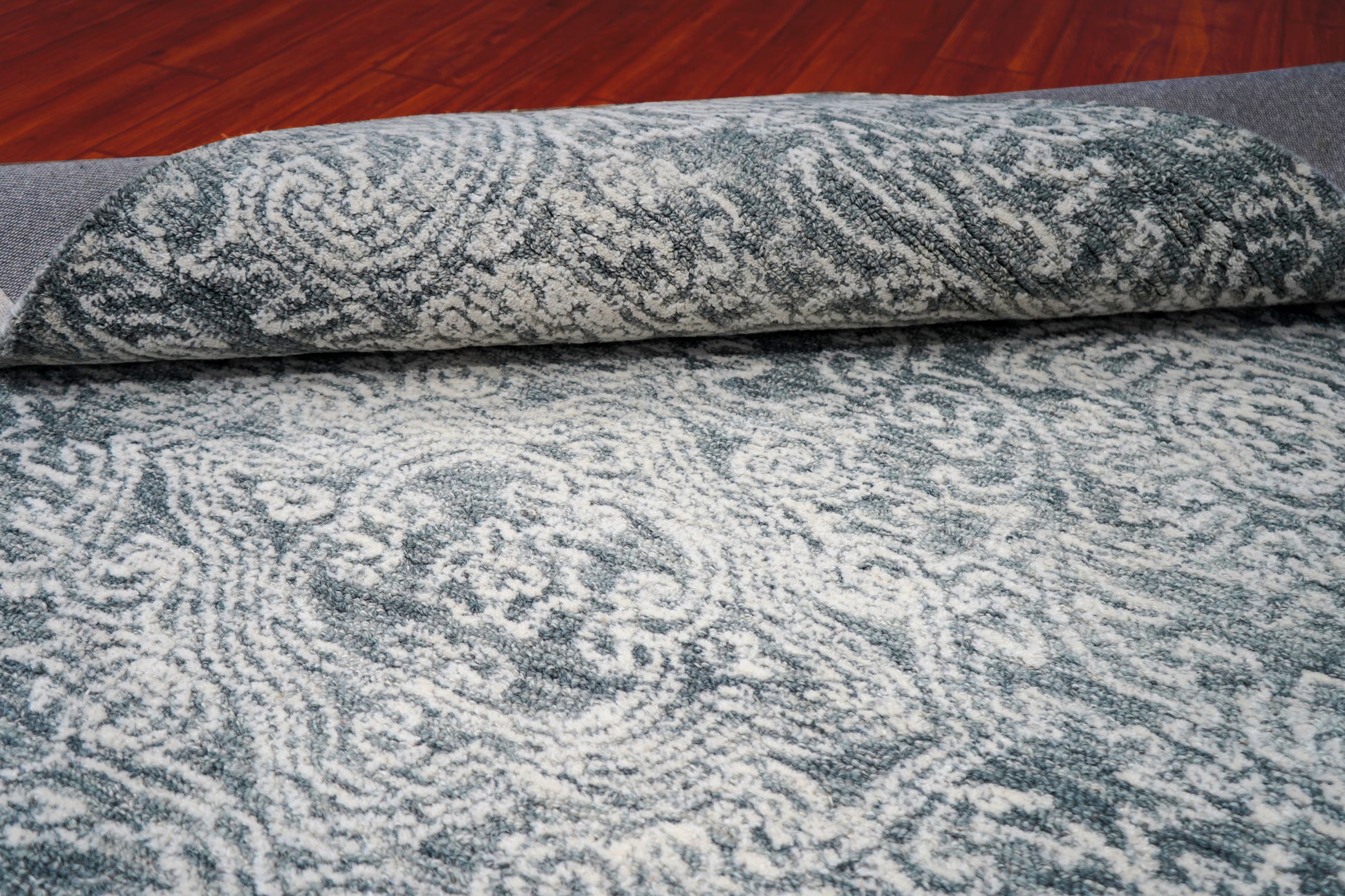 Teal Green Vintage Distressed Medallion Hand Tufted Wool Area Rug - Cut Pile Traditional Custom Sizes