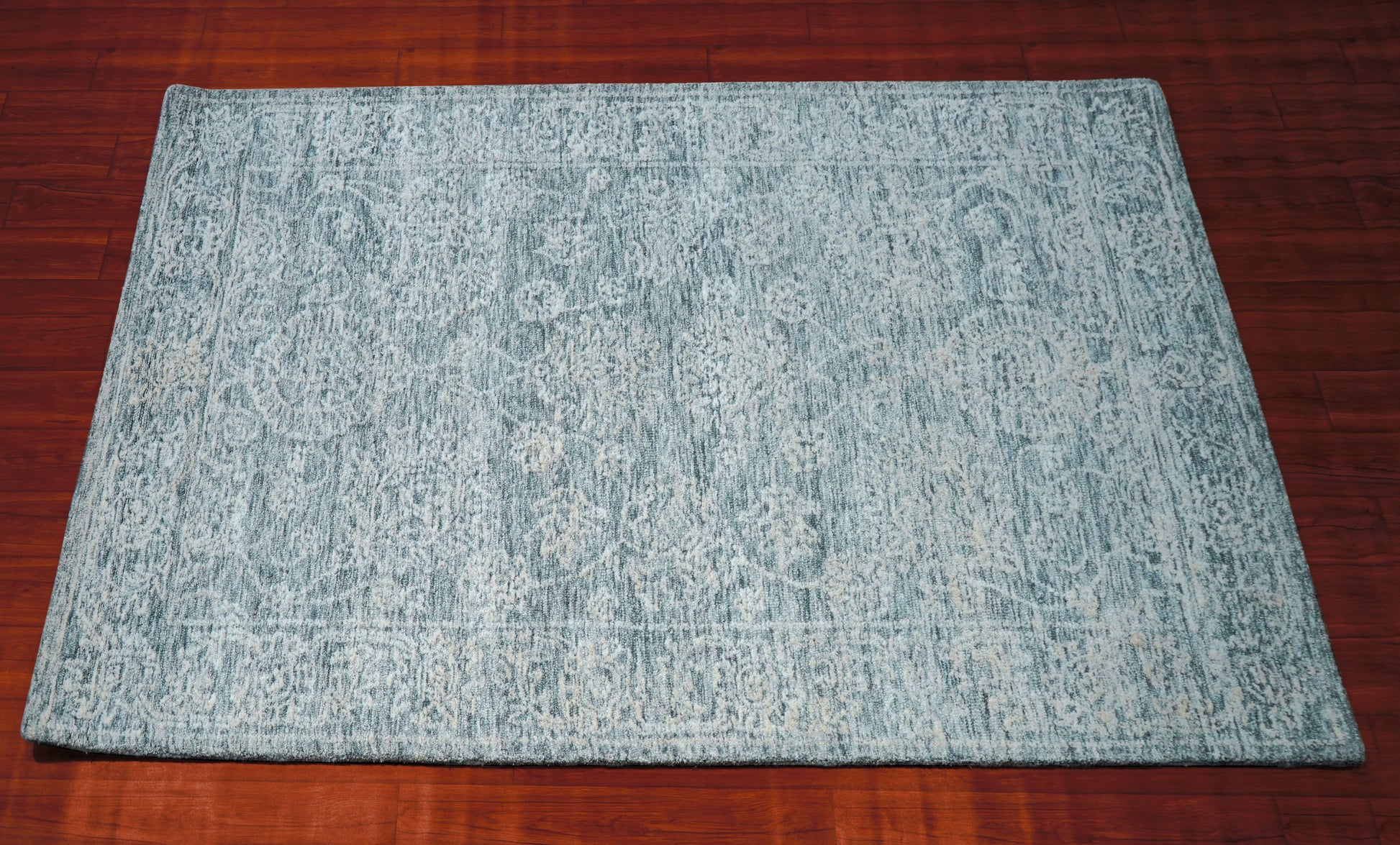 Teal Grey Vintage Damask Distressed Hand Tufted Wool Area Rug - Cut Pile Shabby Chic Custom Sizes