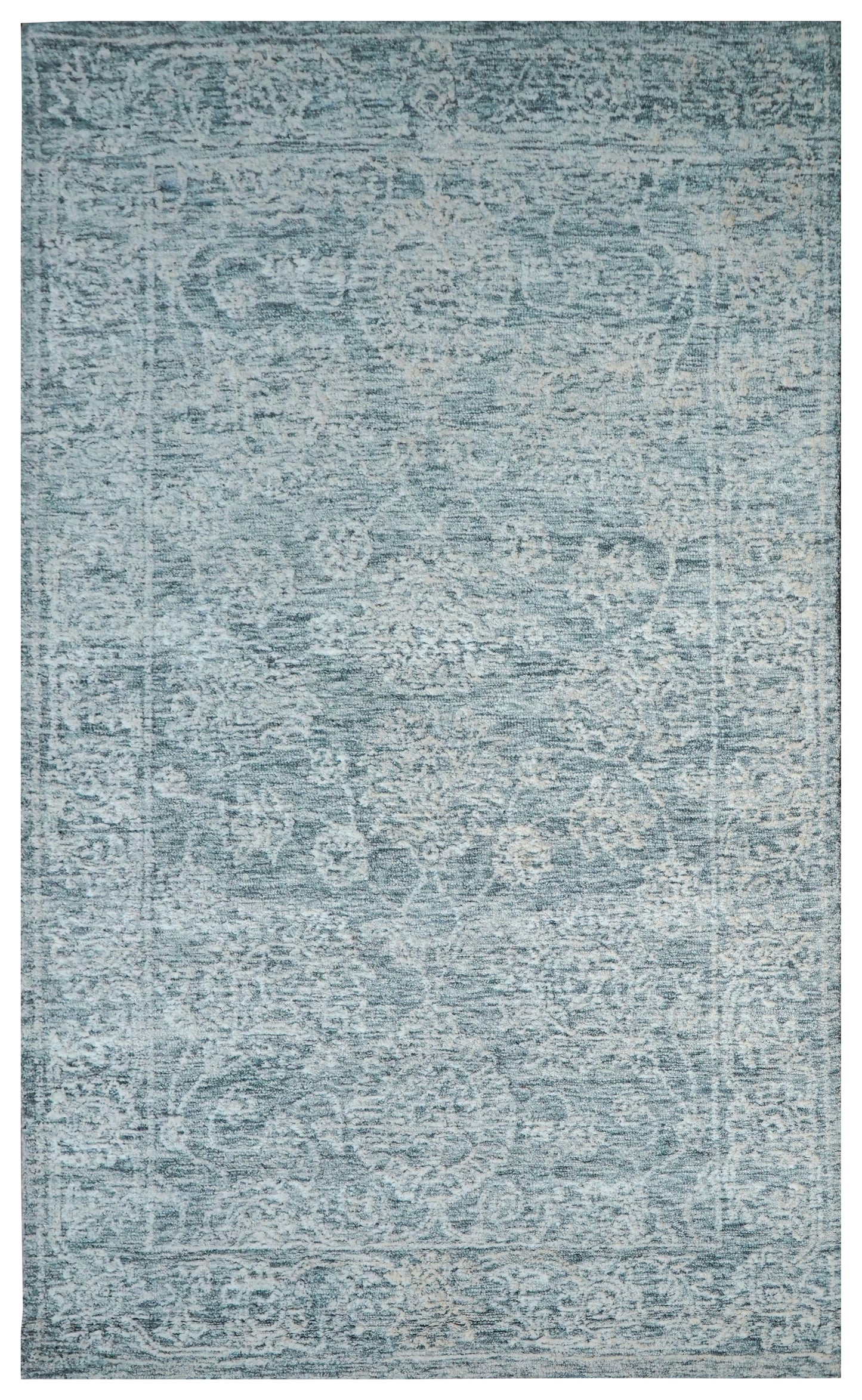 Teal Grey Vintage Damask Distressed Hand Tufted Wool Area Rug - Cut Pile Shabby Chic Custom Sizes