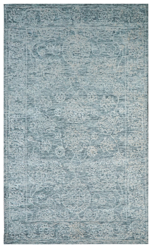 Teal Grey Vintage Damask Distressed Hand Tufted Wool Area Rug - Cut Pile Shabby Chic Custom Sizes