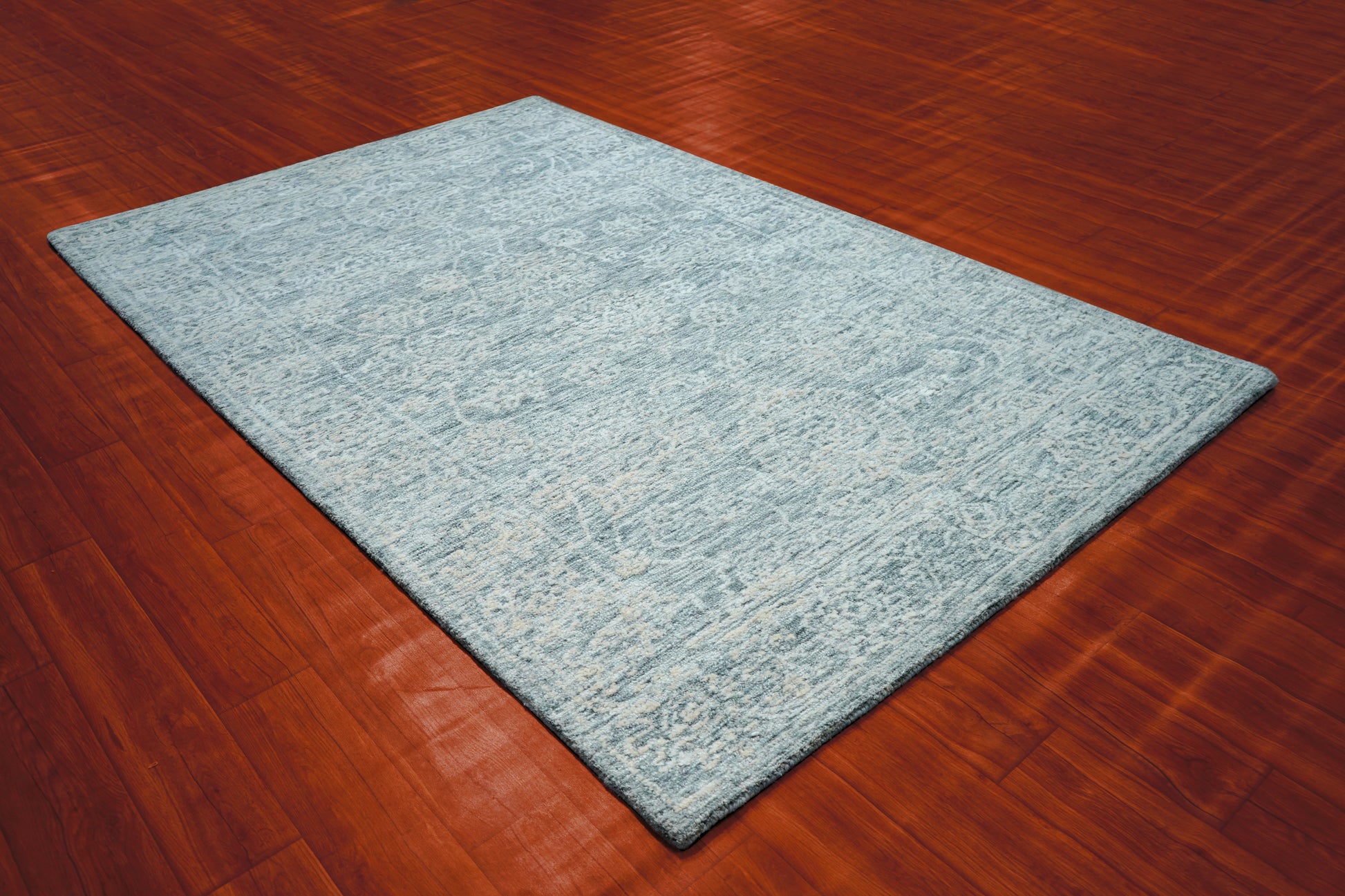 Teal Grey Vintage Damask Distressed Hand Tufted Wool Area Rug - Cut Pile Shabby Chic Custom Sizes
