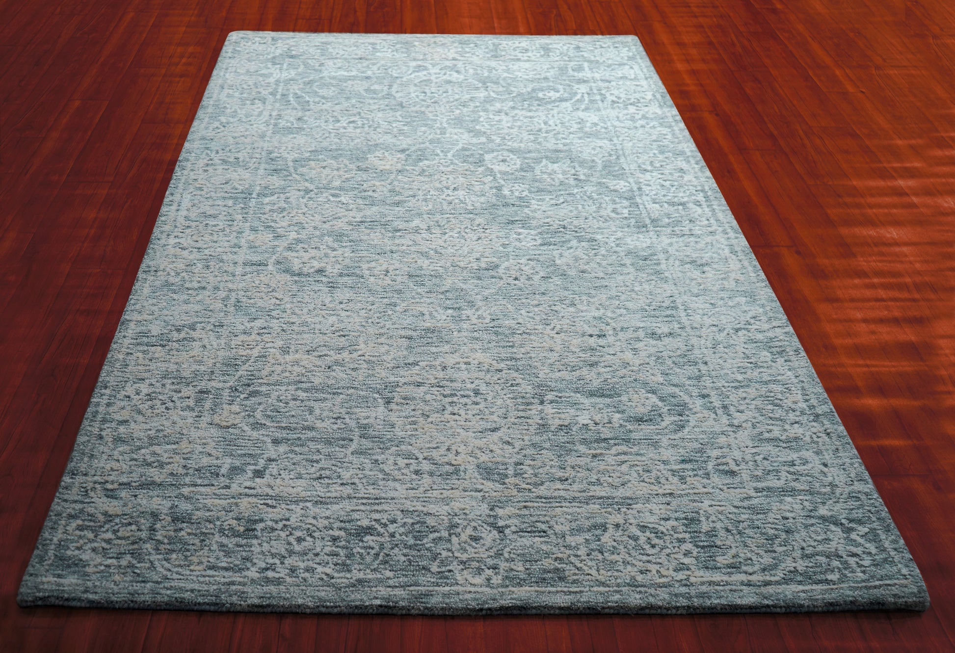 Teal Grey Vintage Damask Distressed Hand Tufted Wool Area Rug - Cut Pile Shabby Chic Custom Sizes