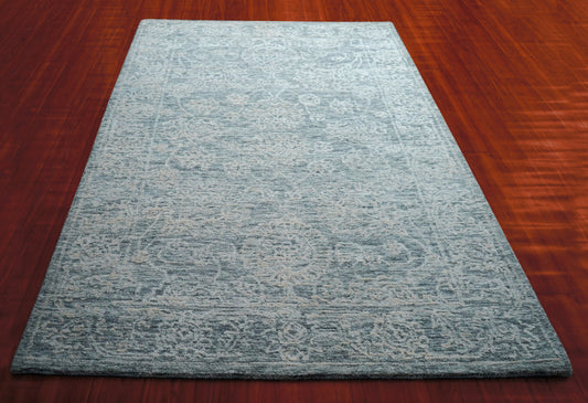 Teal Grey Vintage Damask Distressed Hand Tufted Wool Area Rug - Cut Pile Shabby Chic Custom Sizes