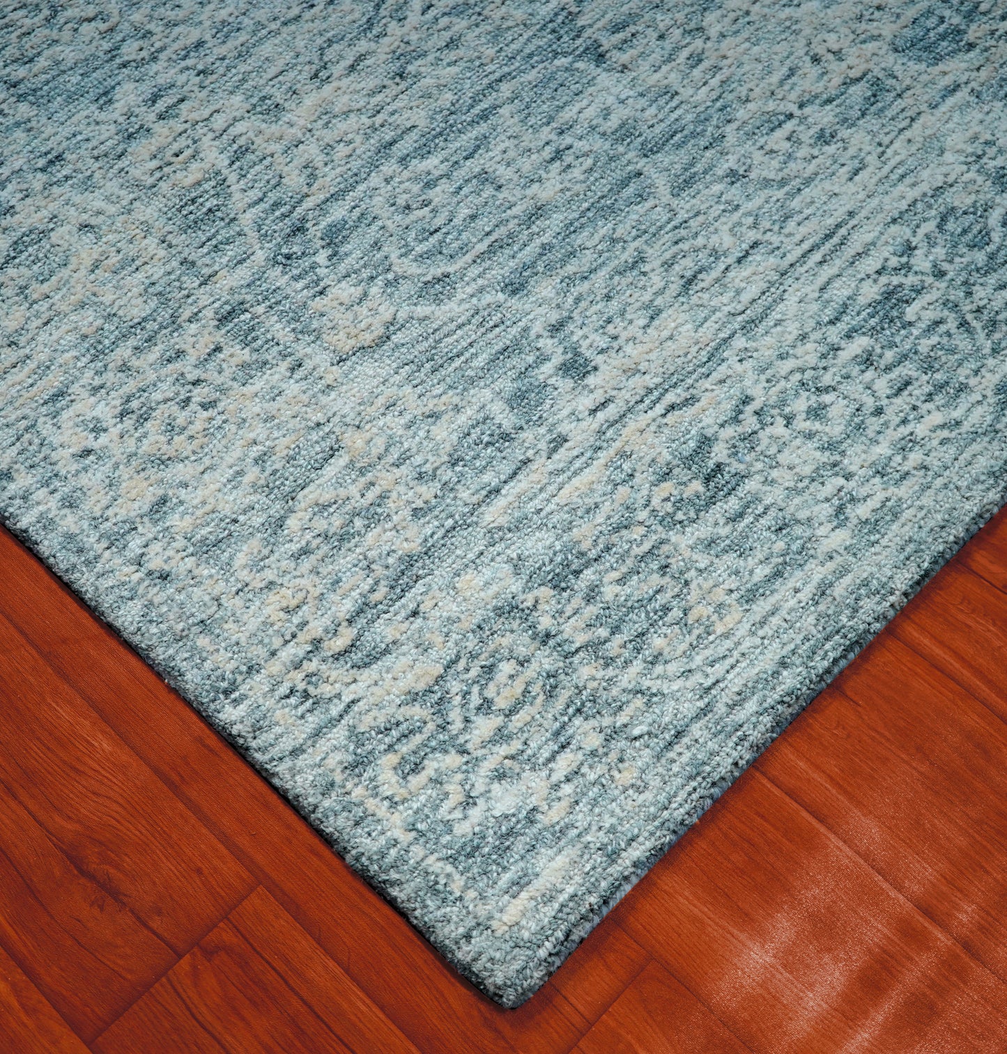 Teal Grey Vintage Damask Distressed Hand Tufted Wool Area Rug - Cut Pile Shabby Chic Custom Sizes