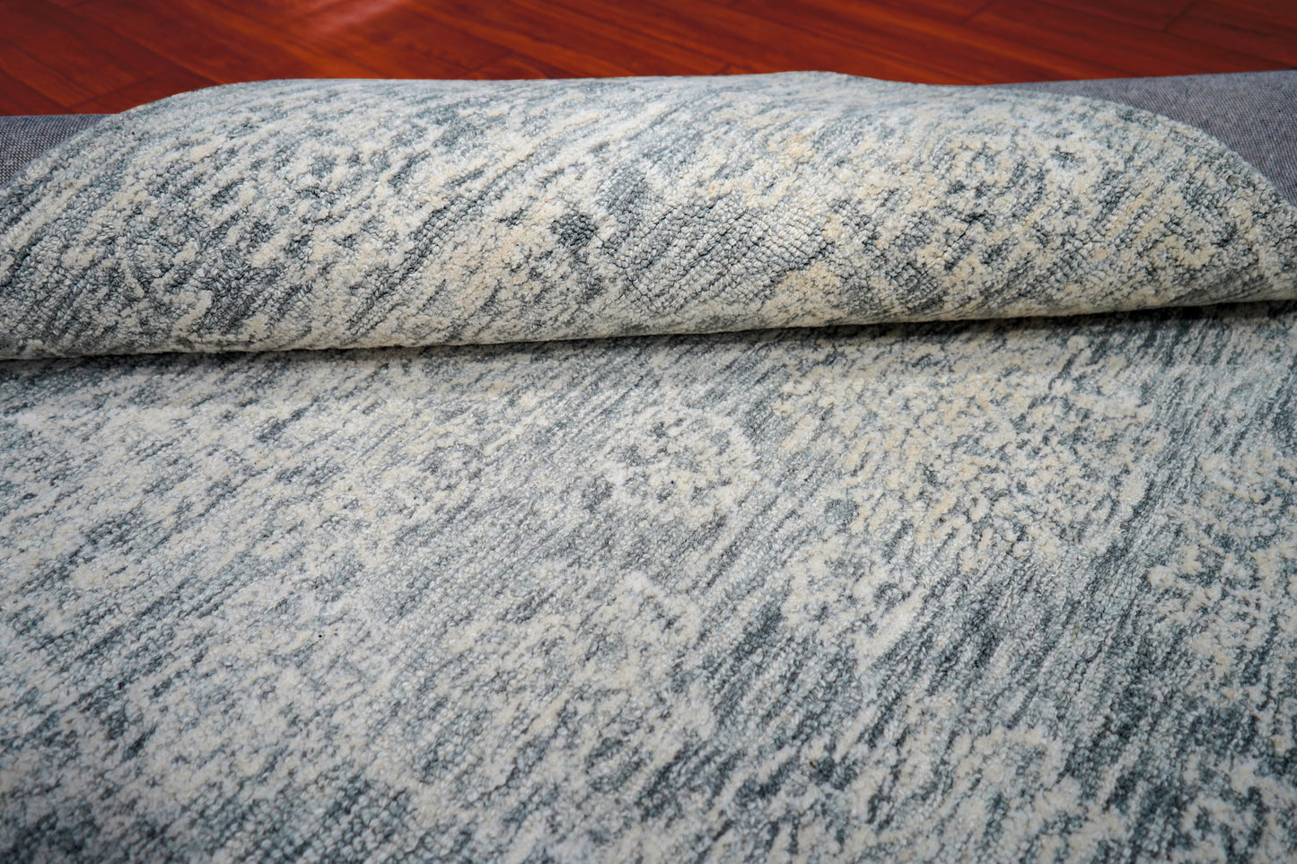 Teal Grey Vintage Damask Distressed Hand Tufted Wool Area Rug - Cut Pile Shabby Chic Custom Sizes