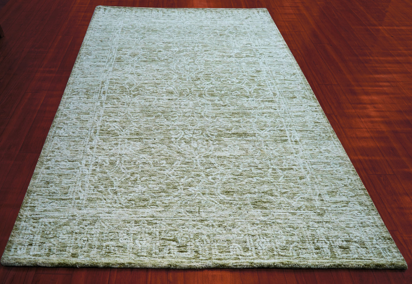 Green Beige Vintage Distressed Hand Tufted Wool Area Rug - Cut Pile Shabby Chic Custom Sizes