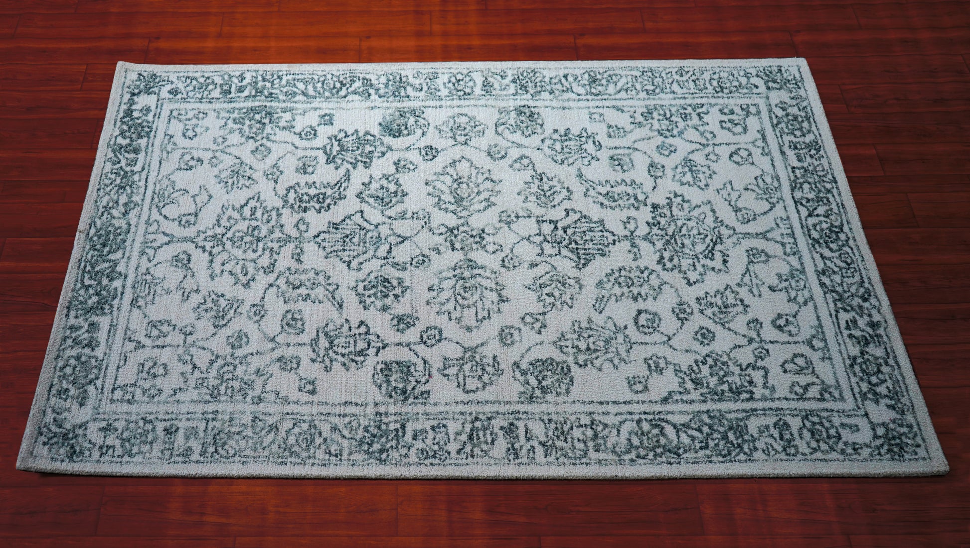 Grey Teal Vintage Floral Border Hand Tufted Wool Area Rug - Cut Pile Traditional Custom Sizes