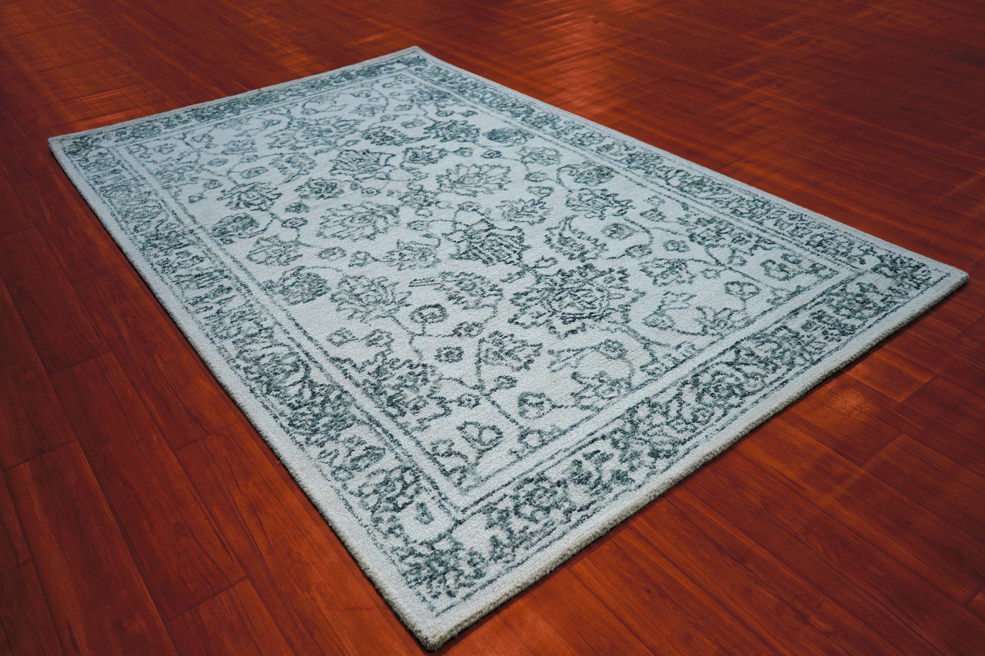 Grey Teal Vintage Floral Border Hand Tufted Wool Area Rug - Cut Pile Traditional Custom Sizes