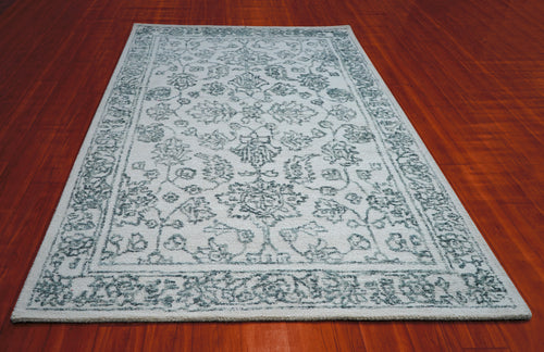 Grey Teal Vintage Floral Border Hand Tufted Wool Area Rug - Cut Pile Traditional Custom Sizes