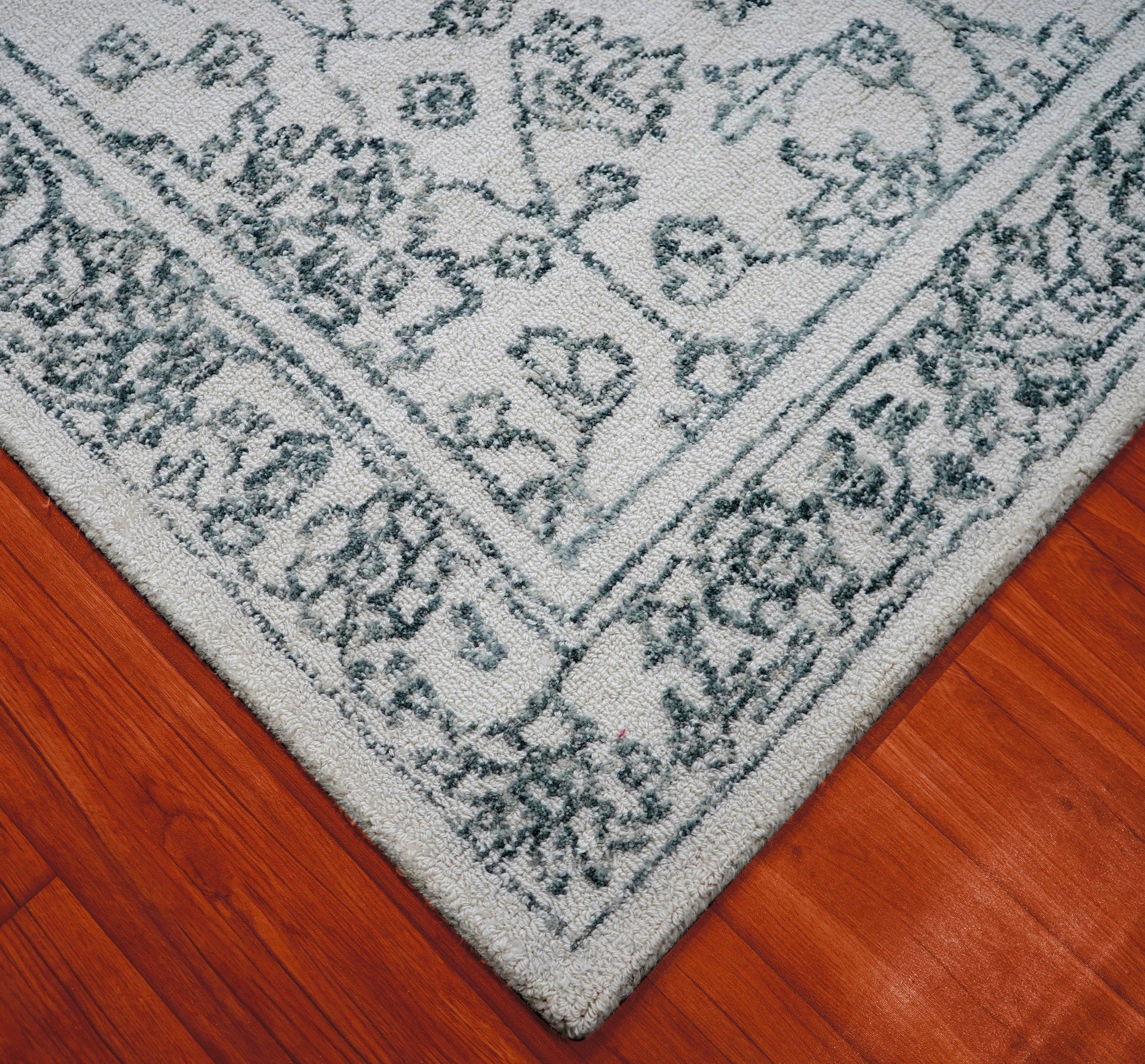Grey Teal Vintage Floral Border Hand Tufted Wool Area Rug - Cut Pile Traditional Custom Sizes