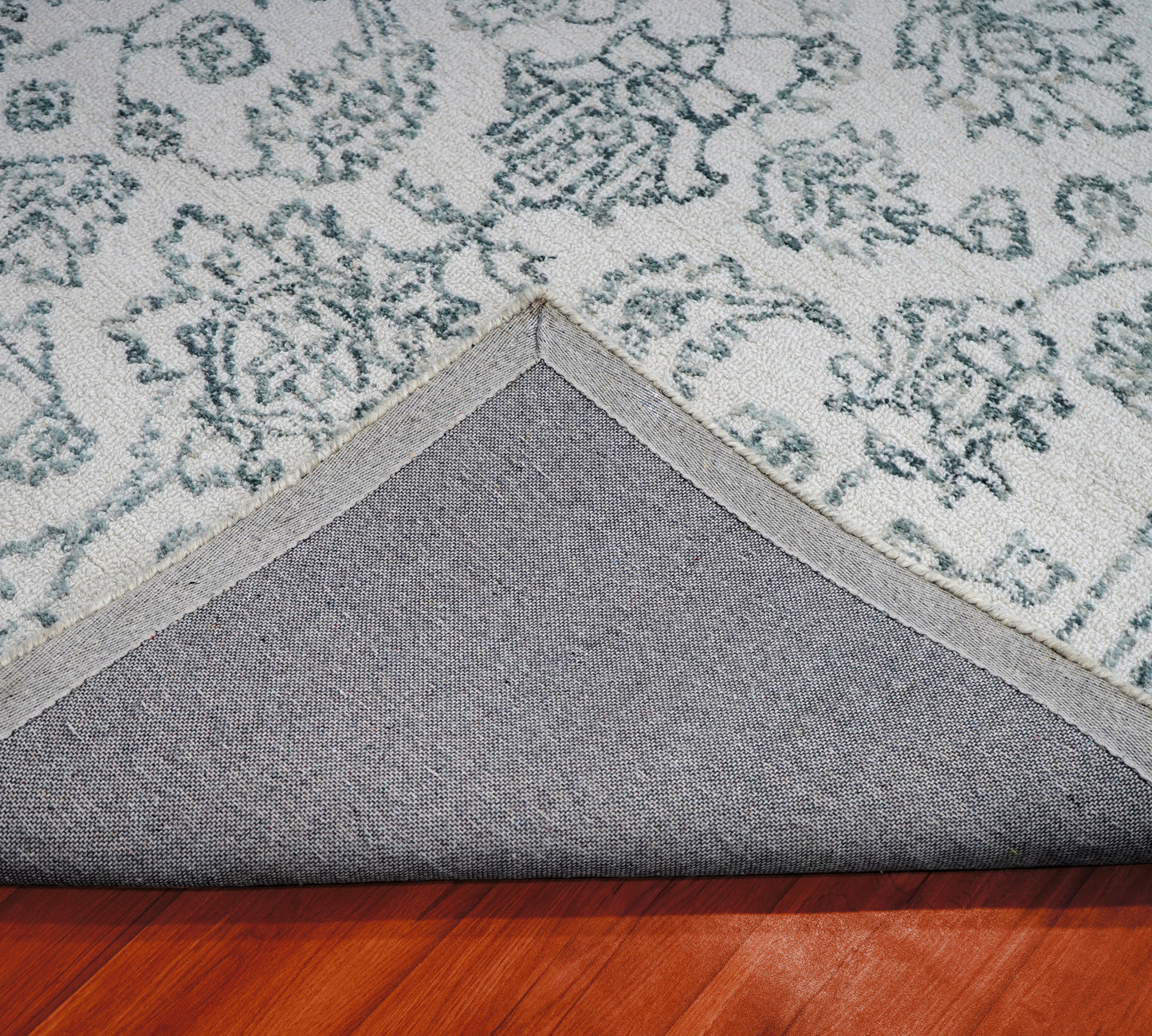 Grey Teal Vintage Floral Border Hand Tufted Wool Area Rug - Cut Pile Traditional Custom Sizes