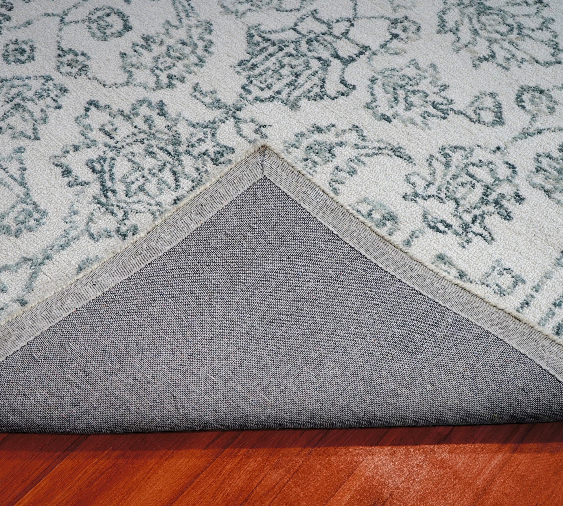 Grey Teal Vintage Floral Border Hand Tufted Wool Area Rug - Cut Pile Traditional Custom Sizes