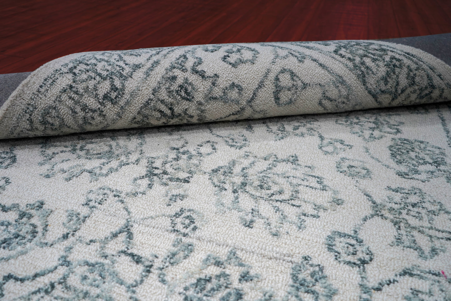 Grey Teal Vintage Floral Border Hand Tufted Wool Area Rug - Cut Pile Traditional Custom Sizes