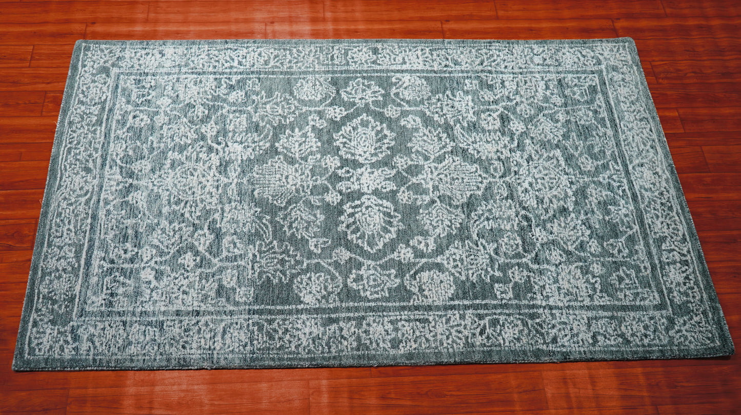 Teal Green Vintage Distressed Floral Border Hand Tufted Wool Area Rug - Cut Pile Traditional Custom Sizes