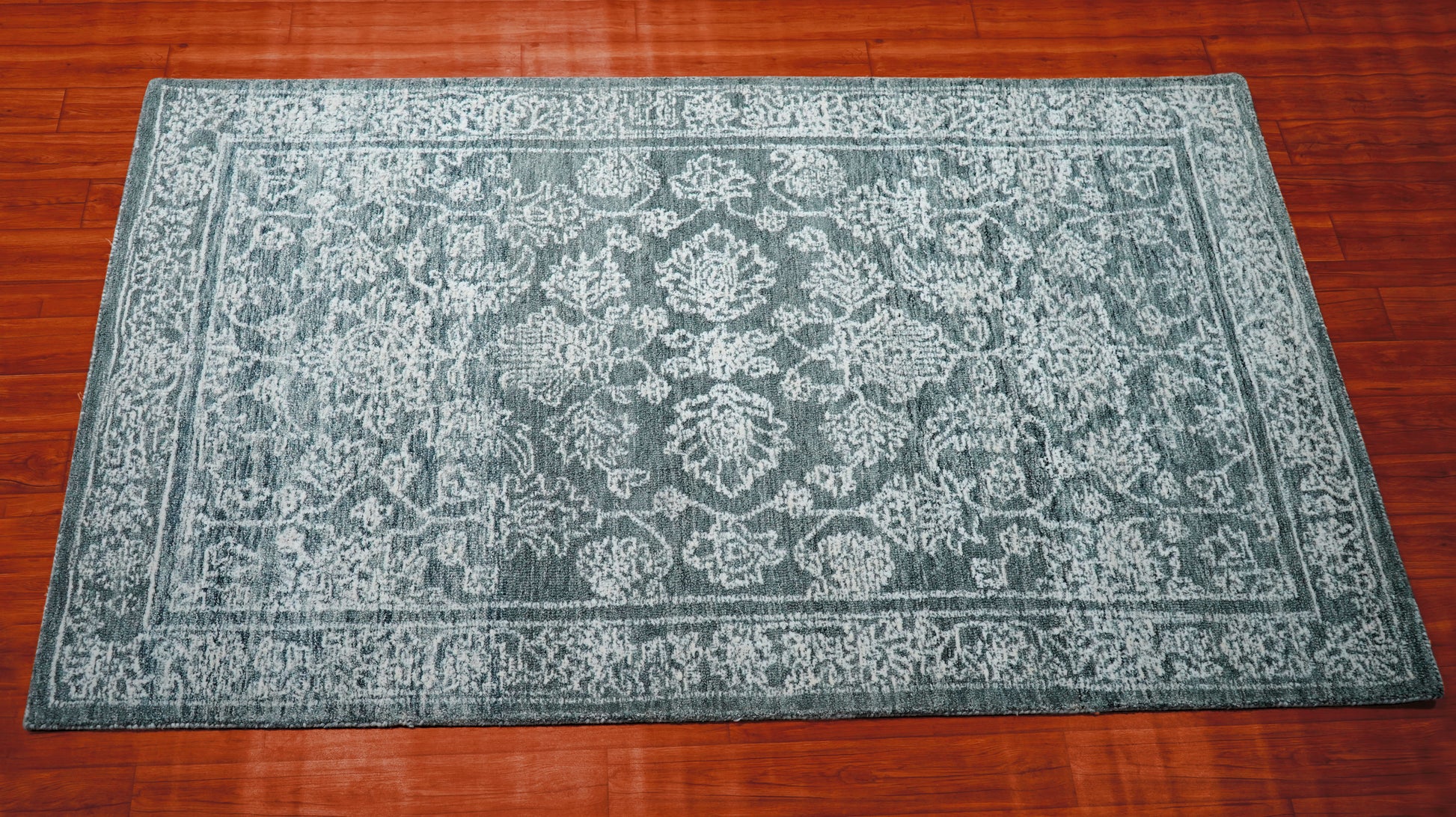 Teal Green Vintage Distressed Floral Border Hand Tufted Wool Area Rug - Cut Pile Traditional Custom Sizes