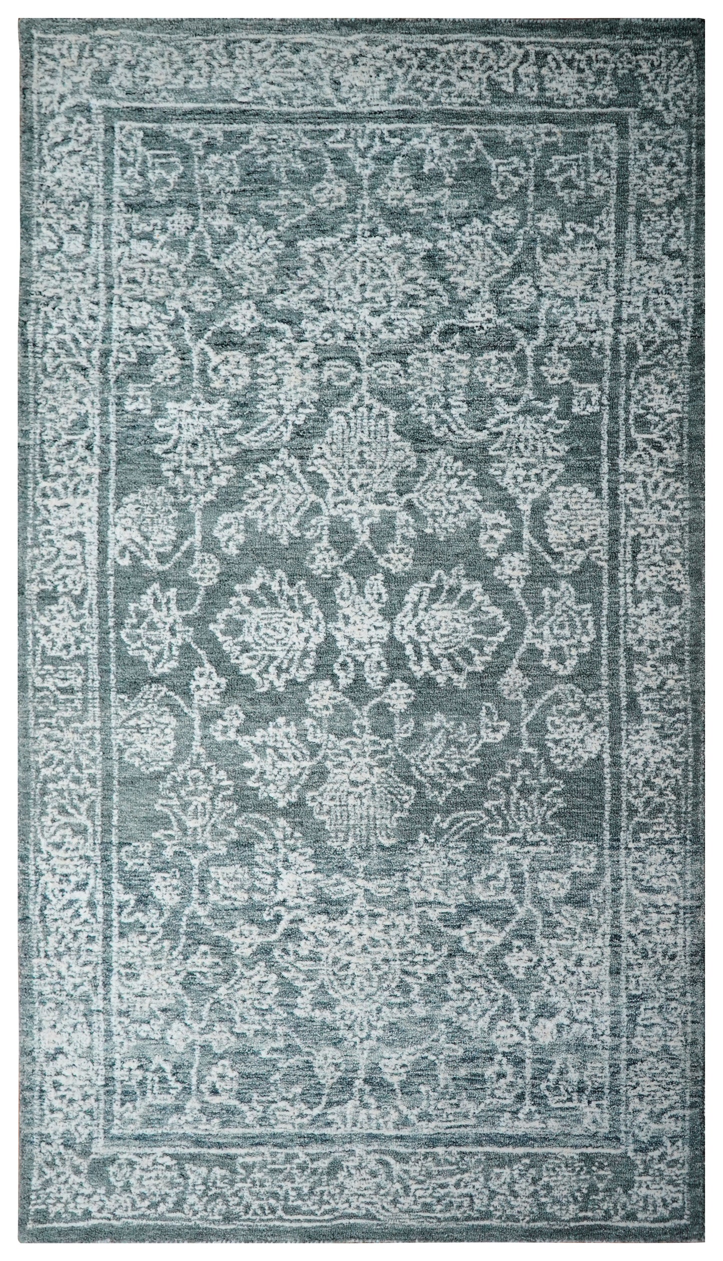 Teal Green Vintage Distressed Floral Border Hand Tufted Wool Area Rug - Cut Pile Traditional Custom Sizes