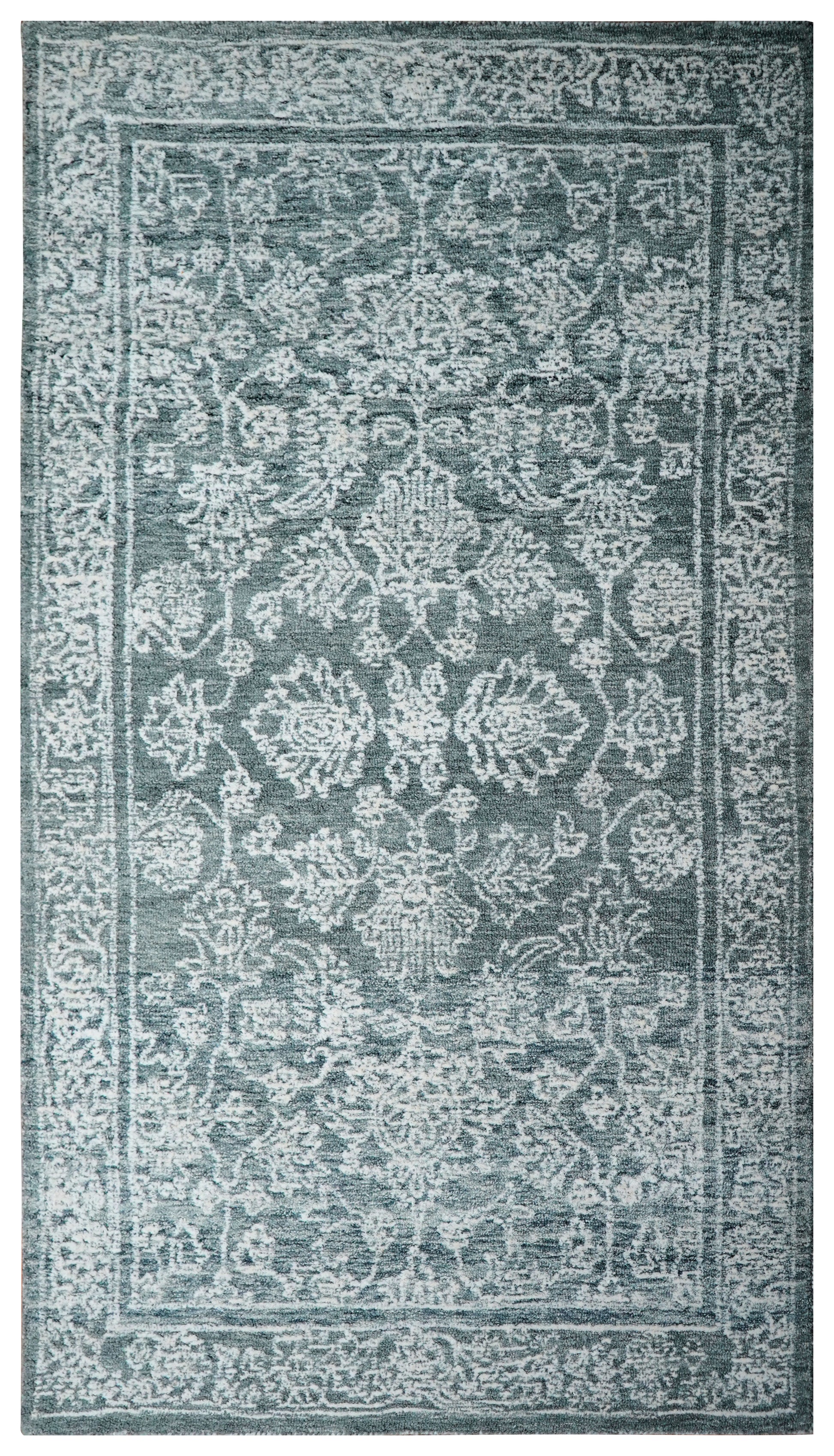 Teal Green Vintage Distressed Floral Border Hand Tufted Wool Area Rug - Cut Pile Traditional Custom Sizes