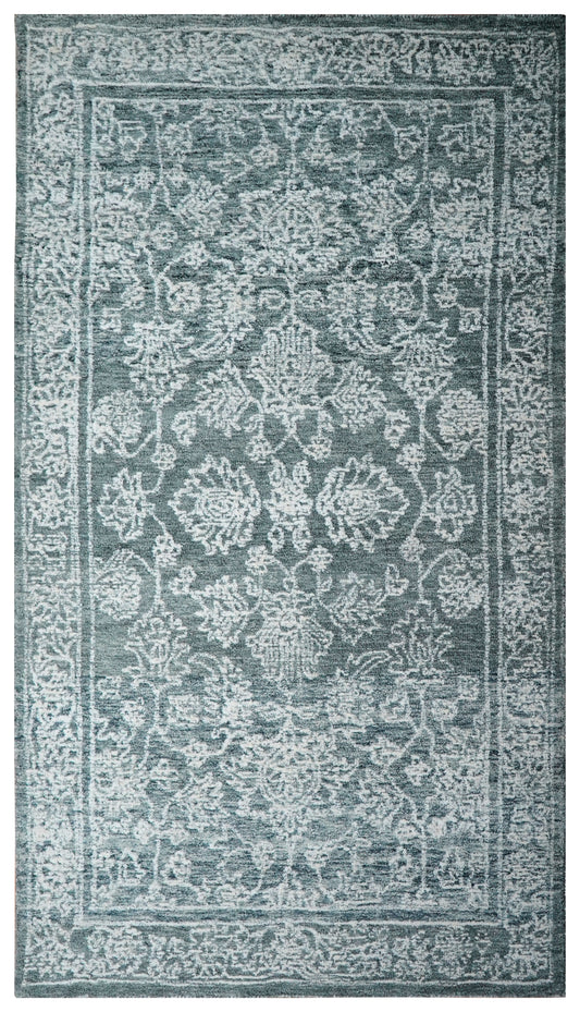 Teal Green Vintage Distressed Floral Border Hand Tufted Wool Area Rug - Cut Pile Traditional Custom Sizes