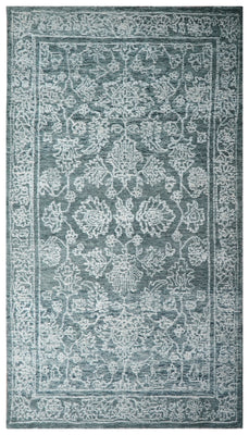 Teal Green Vintage Distressed Floral Border Hand Tufted Wool Area Rug - Cut Pile Traditional Custom Sizes