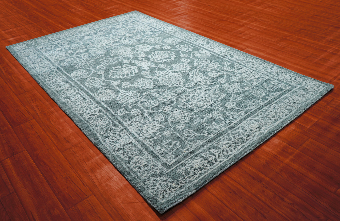 Teal Green Vintage Distressed Floral Border Hand Tufted Wool Area Rug - Cut Pile Traditional Custom Sizes
