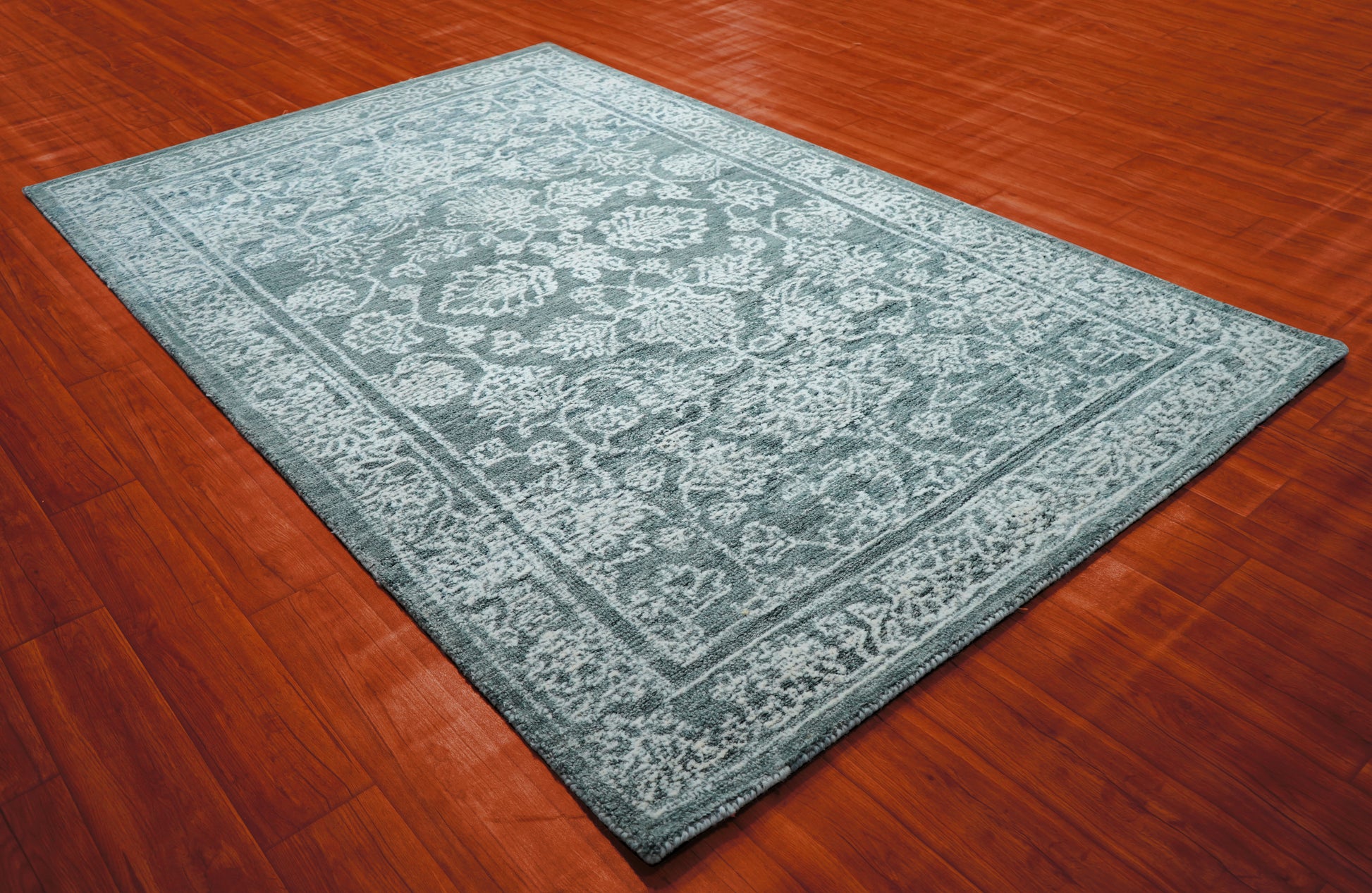 Teal Green Vintage Distressed Floral Border Hand Tufted Wool Area Rug - Cut Pile Traditional Custom Sizes