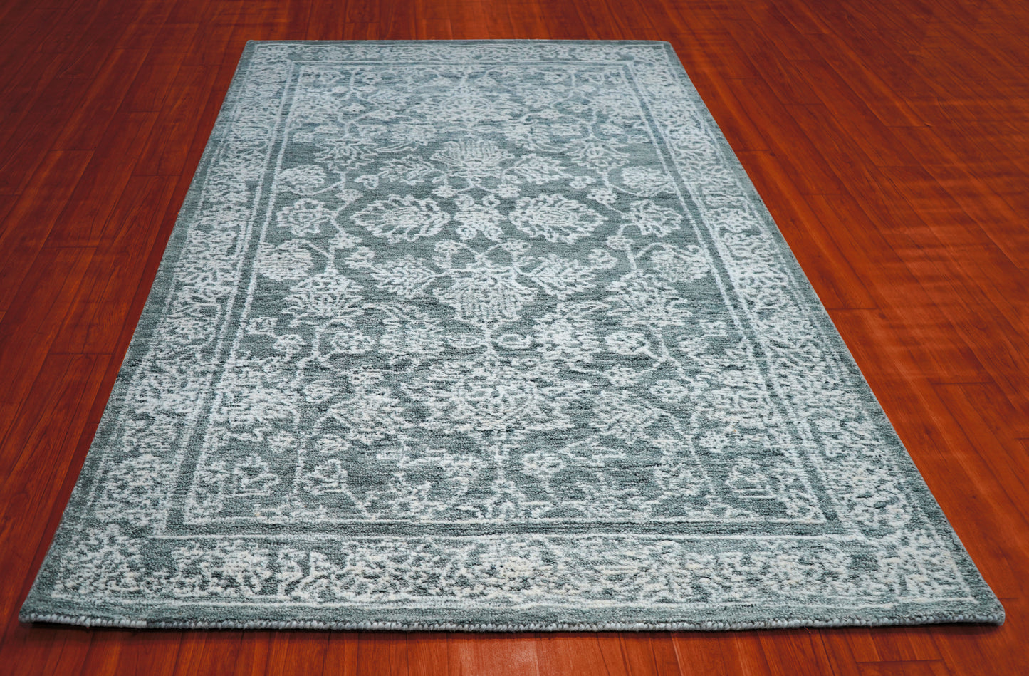 Teal Green Vintage Distressed Floral Border Hand Tufted Wool Area Rug - Cut Pile Traditional Custom Sizes