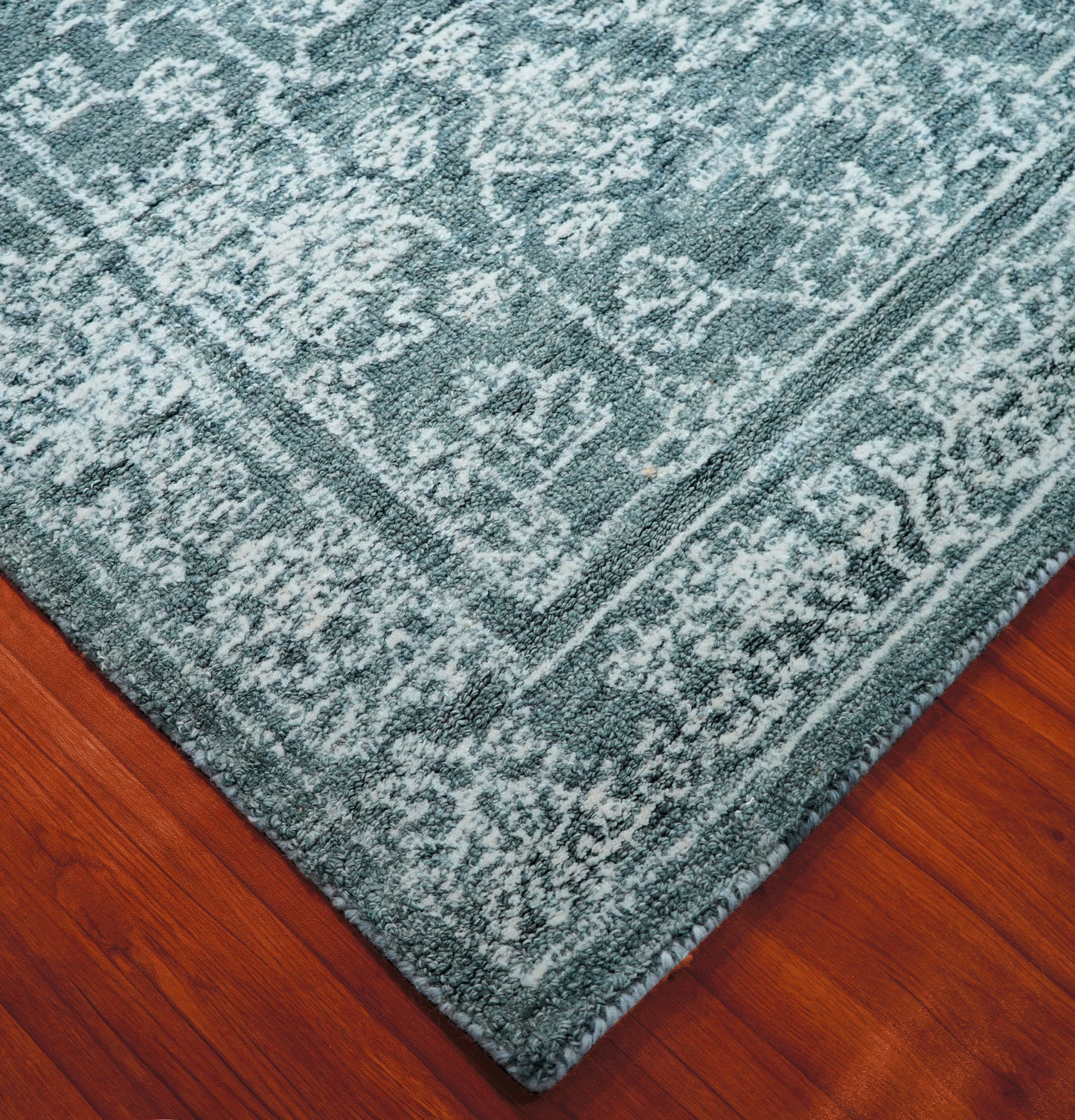Teal Green Vintage Distressed Floral Border Hand Tufted Wool Area Rug - Cut Pile Traditional Custom Sizes