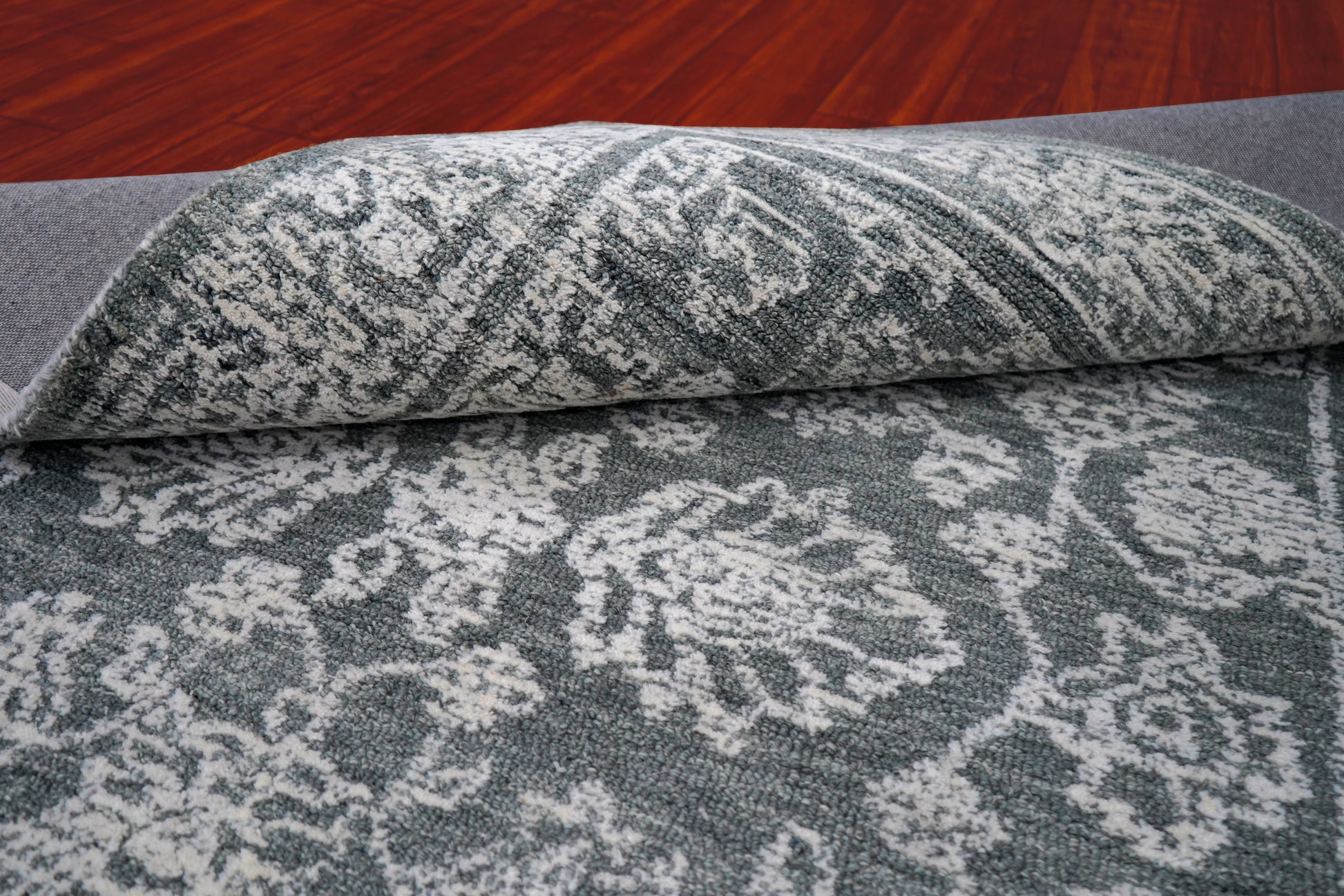 Teal Green Vintage Distressed Floral Border Hand Tufted Wool Area Rug - Cut Pile Traditional Custom Sizes