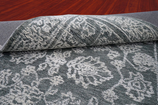 Teal Green Vintage Distressed Floral Border Hand Tufted Wool Area Rug - Cut Pile Traditional Custom Sizes