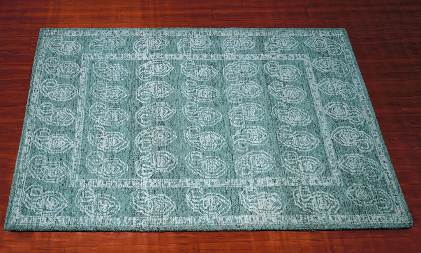 Teal Green Vintage Medallion Border Hand Tufted Wool Area Rug - Cut Pile Traditional Custom Sizes
