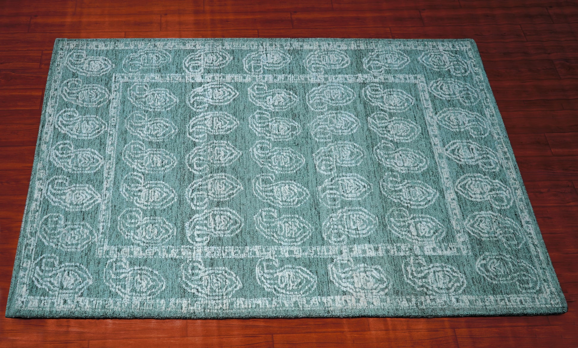 Teal Green Vintage Medallion Border Hand Tufted Wool Area Rug - Cut Pile Traditional Custom Sizes