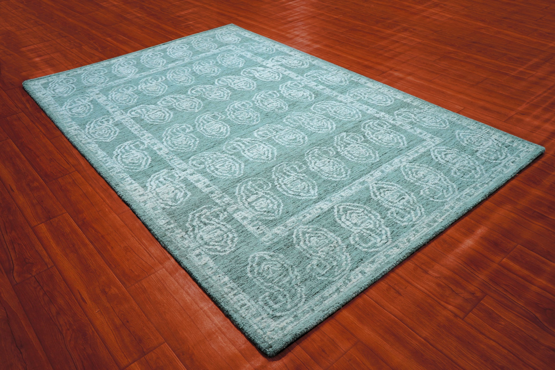 Teal Green Vintage Medallion Border Hand Tufted Wool Area Rug - Cut Pile Traditional Custom Sizes
