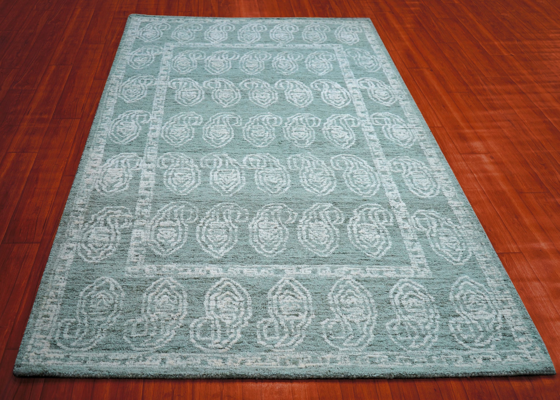Teal Green Vintage Medallion Border Hand Tufted Wool Area Rug - Cut Pile Traditional Custom Sizes