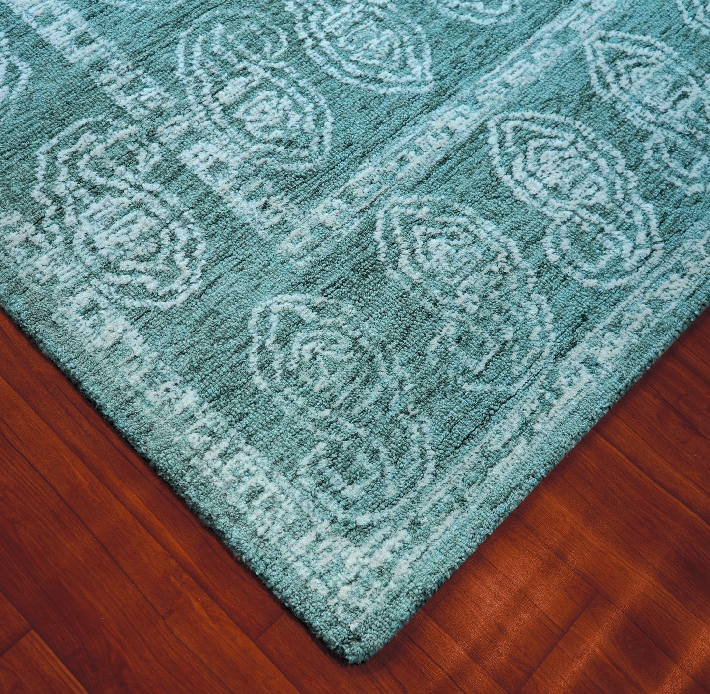 Teal Green Vintage Medallion Border Hand Tufted Wool Area Rug - Cut Pile Traditional Custom Sizes