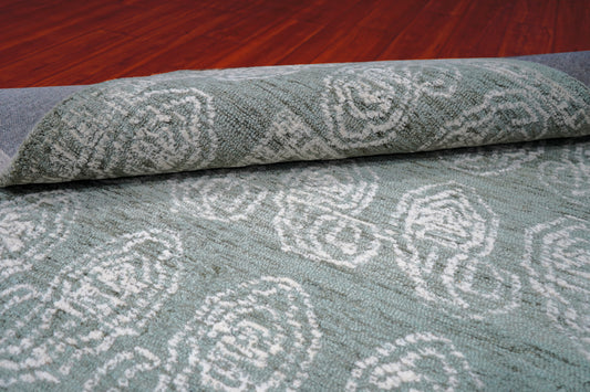 Teal Green Vintage Medallion Border Hand Tufted Wool Area Rug - Cut Pile Traditional Custom Sizes