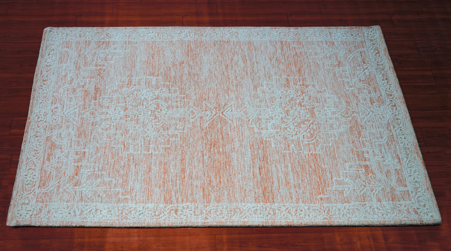 Aqua Beige Pink Vintage Floral Distressed Hand Tufted Wool Area Rug - Cut Pile Shabby Chic Custom Sizes