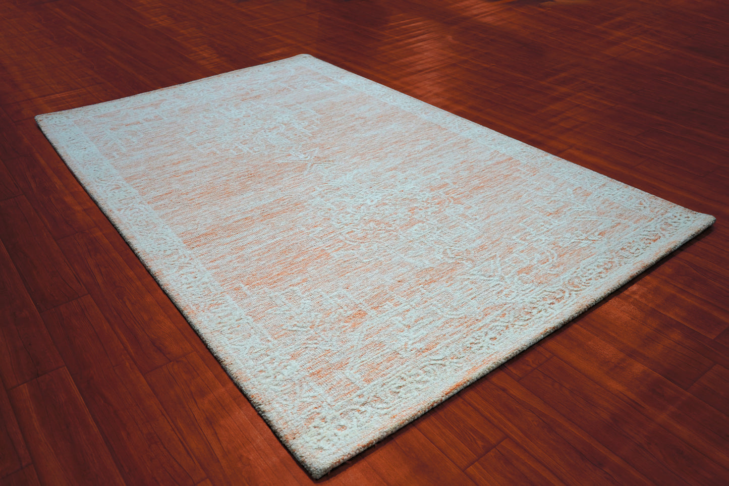 Aqua Beige Pink Vintage Floral Distressed Hand Tufted Wool Area Rug - Cut Pile Shabby Chic Custom Sizes