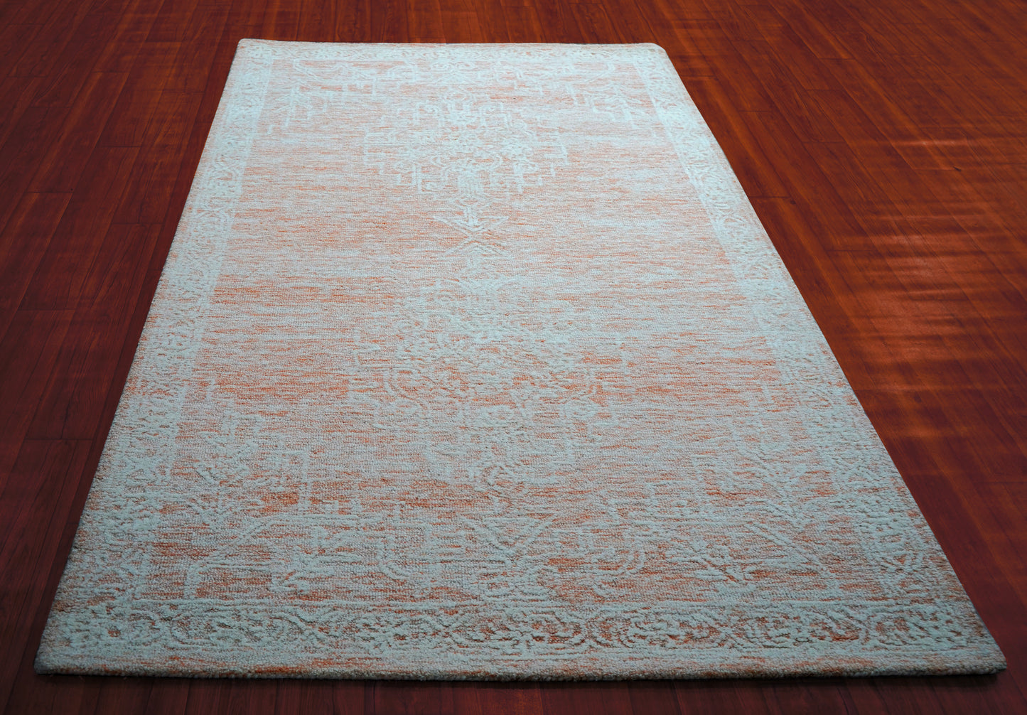 Aqua Beige Pink Vintage Floral Distressed Hand Tufted Wool Area Rug - Cut Pile Shabby Chic Custom Sizes
